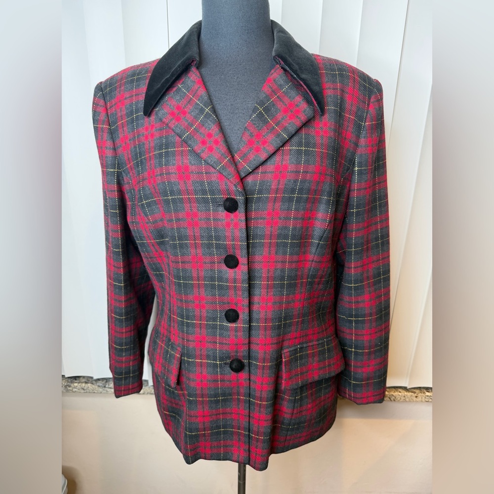 Kasper & Company ASL Vintage Plaid Wool Jacket  Black Velour Collar Size 14
